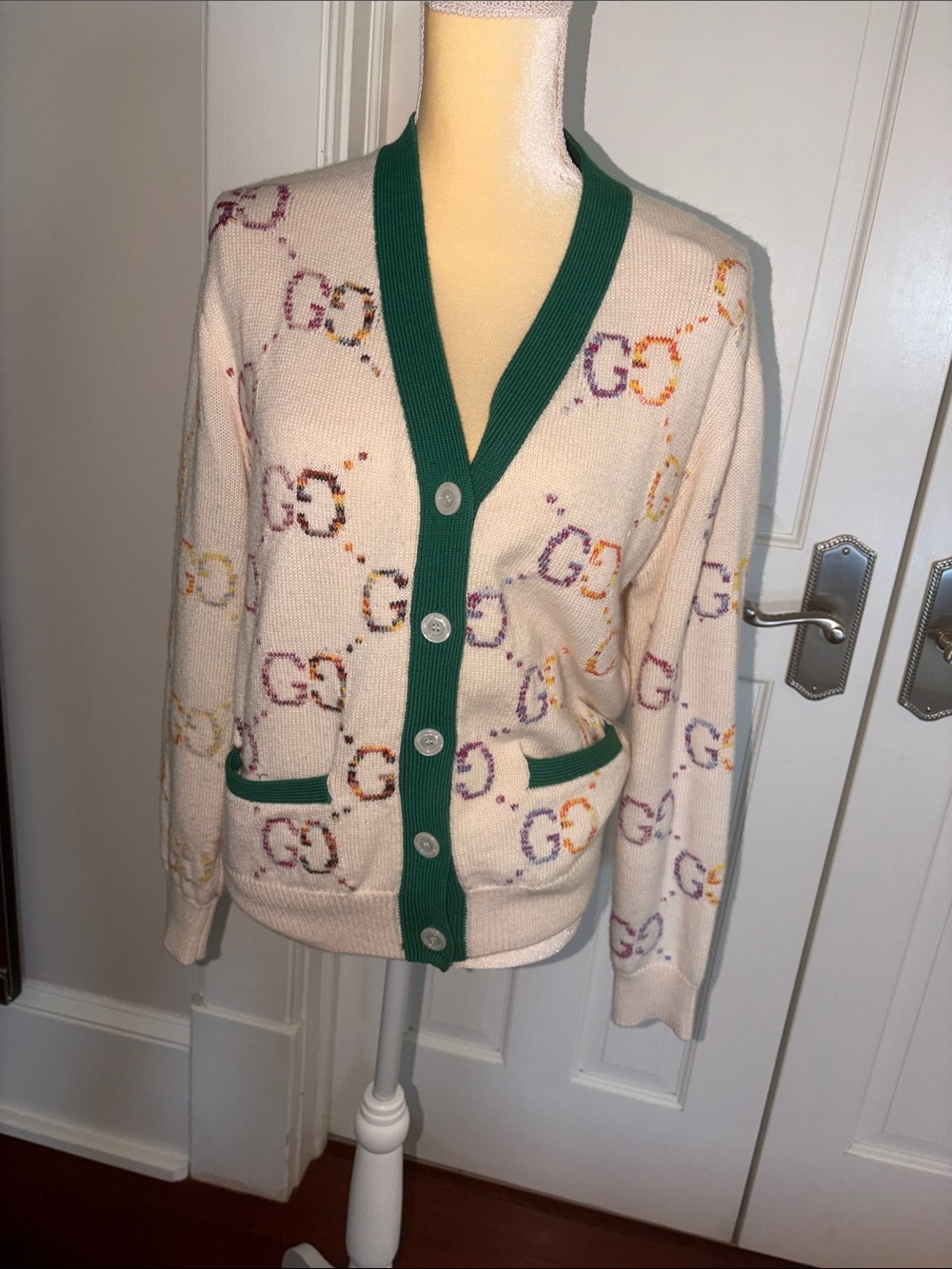 Cream Cardigan Sweater with Green Trim